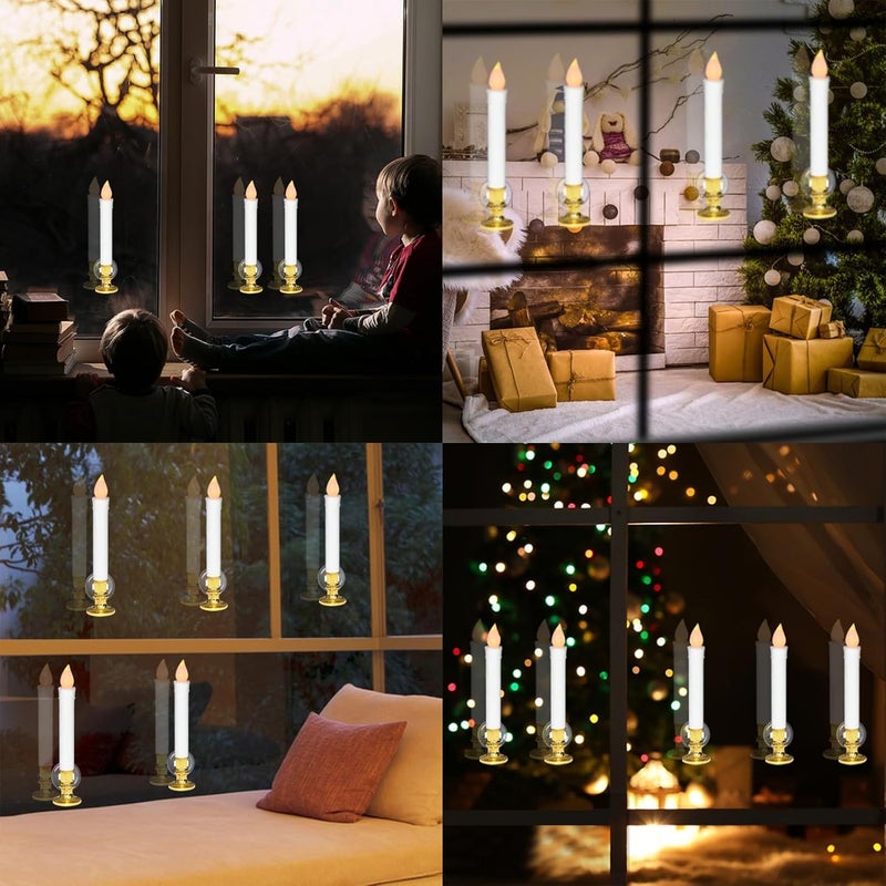 DRomance 9" Flameless Window Taper Candles Battery Operated with 8-Key Remote and Timer, 8 Pack White Christmas Holdiay Window Candles with Gold Holders, Suction Cups and AA Batteries Included - Image 2